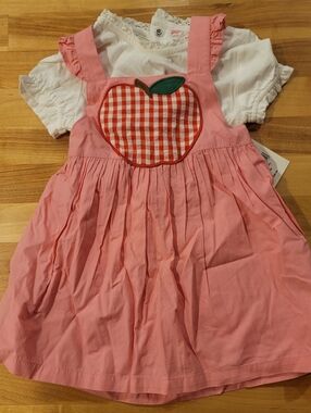Mini Boden Pink Apple Pinafore Dress with White Top